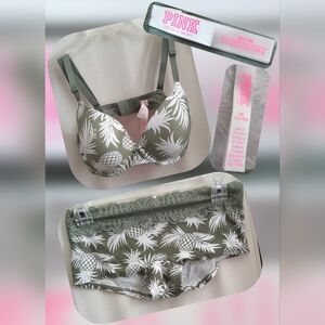 Victoria's Secret Green and White Pineapple Print Bra Set 36D/Med (Nwots)